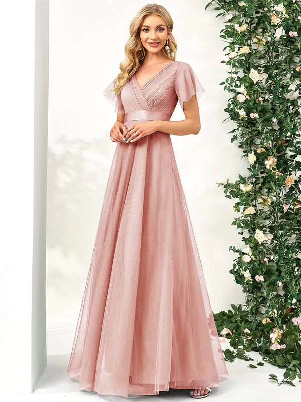 Double V-Neck Floor-Length Short Sleeve Tulle Bridesmaid Dresses