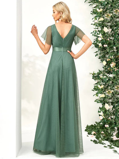 Double V-Neck Floor-Length Short Sleeve Tulle Bridesmaid Dresses