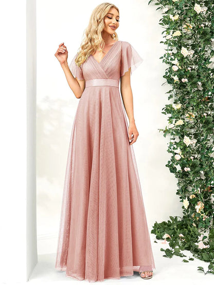 Double V-Neck Floor-Length Short Sleeve Tulle Bridesmaid Dresses