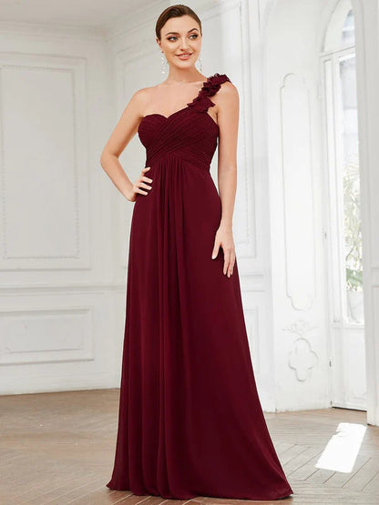 Sweet Pleated Bodice One Shoulder Chiffon Bridesmaid Dress