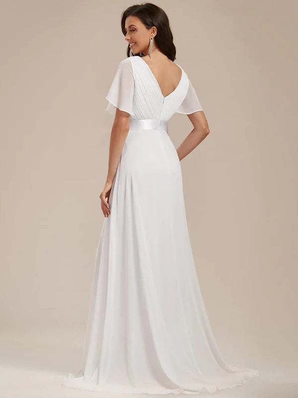 Long Chiffon Empire Waist Bridesmaid Dress with Short Flutter Sleeves