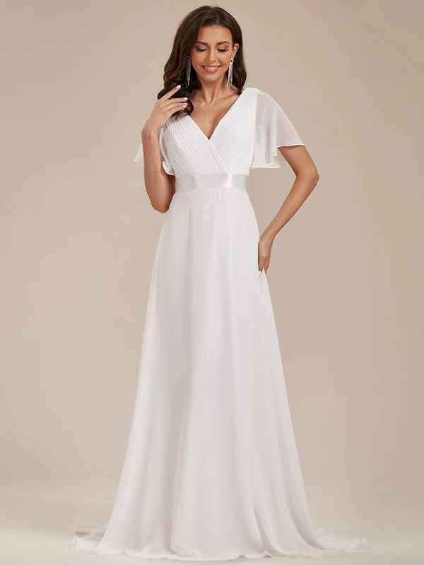 Flutter Sleeves Empire Waist Long Chiffon Bridesmaid Dress