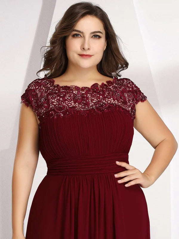 Plus Size Maxi Long Formal Lace Cap Sleeve Evening Dress