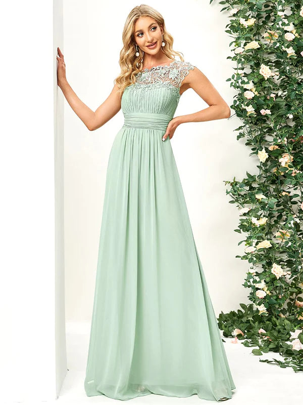 Classic Maxi Long Lace Cap Sleeve Bridesmaid Dress