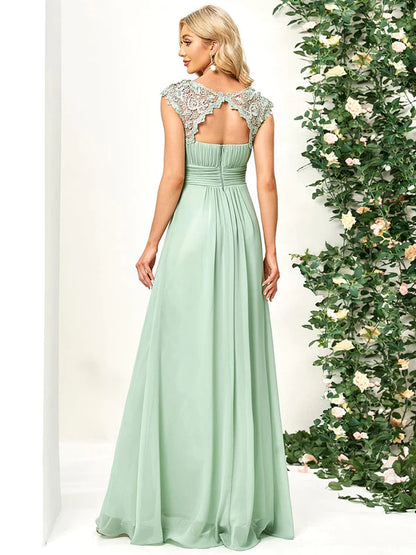 Classic Maxi Long Lace Cap Sleeve Bridesmaid Dress