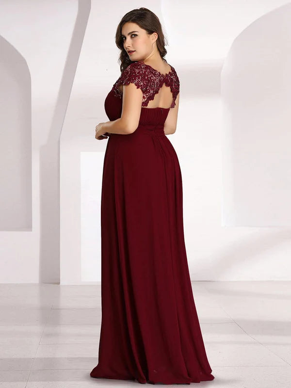 Plus Size Maxi Long Formal Lace Cap Sleeve Evening Dress