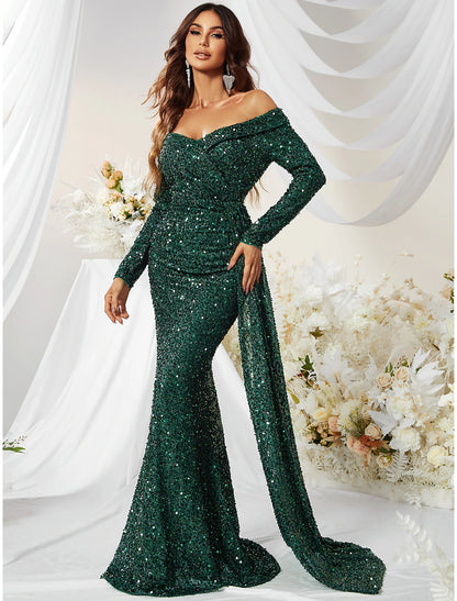 Mermaid / Trumpet Evening Gown Sparkle & Shine Dress Formal Wedding Guest Sweep / Brush Train Long Sleeve Off Shoulder Polyester with Sequin