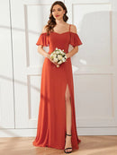 Stylish Cold Shoulder Flare Sleeves Flowy Bridesmaid Dress