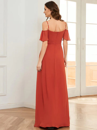 Stylish Cold Shoulder Flare Sleeves Flowy Bridesmaid Dress