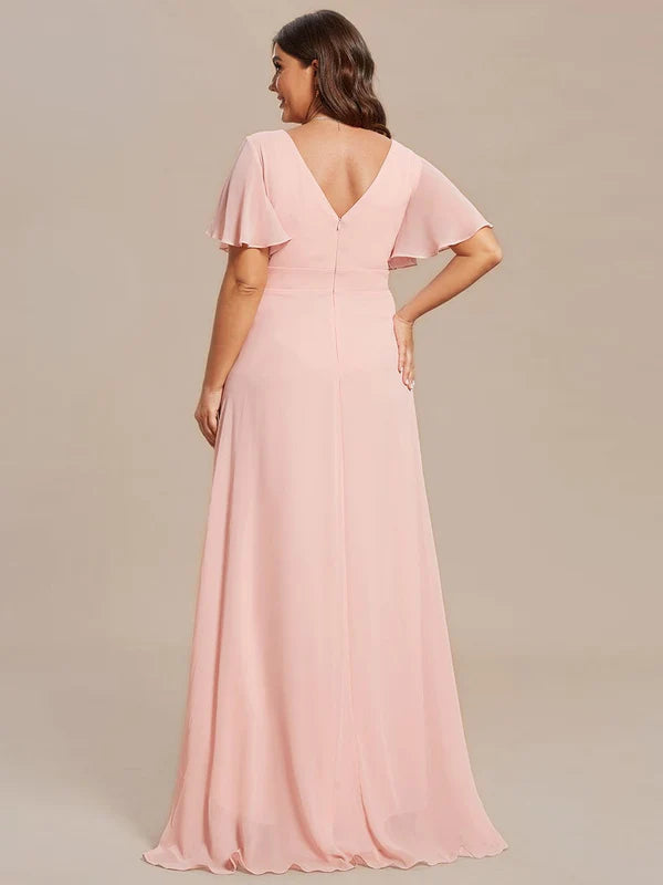 Plus Size Elegant Lotus Sleeves Chiffon Bridesmaid Dress