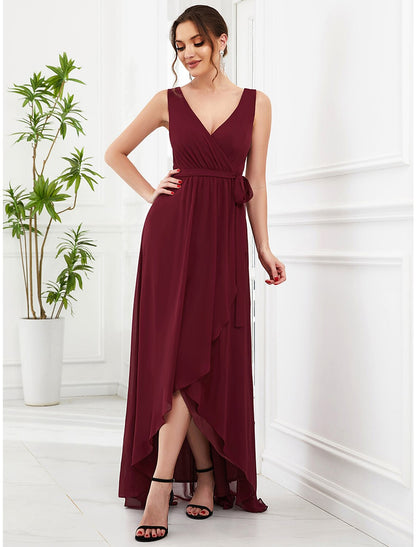 A-Line Wedding Guest Dresses Elegant Dress Party Wear Wedding Party Asymmetrical Sleeveless V Neck Bridesmaid Dress Chiffon with Ruffles Strappy