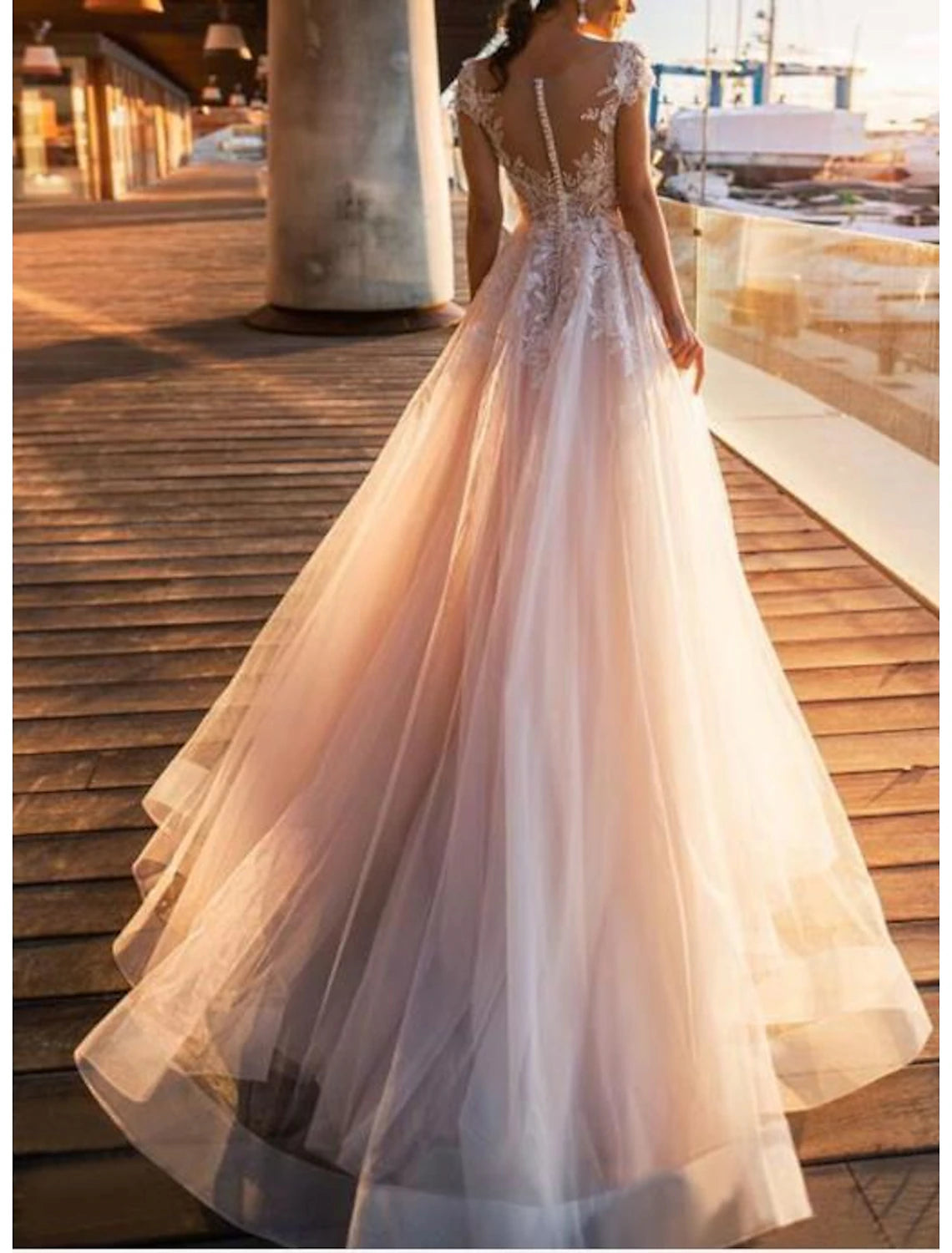 Beach Wedding Dresses A-Line Illusion Neck Cap Sleeve Floor Length Lace Bridal Gowns With Pleats