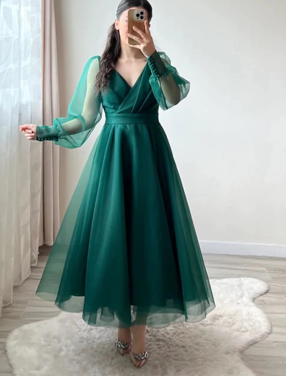 A-Line Cocktail Dresses Minimalist Dress Christmas Wedding Guest Tea Length Long Sleeve V Neck Organza with Buttons Pure Color