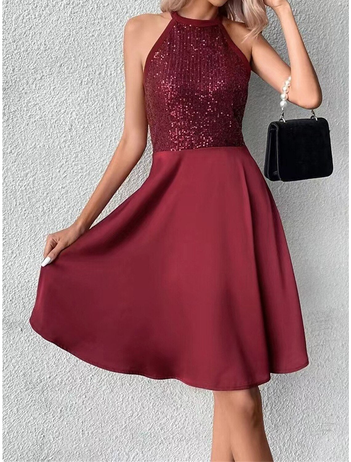 Women's Black Dress Sequin Dress Party Dress Mini Dress Black Wine Sleeveless Plain Sequins Summer Spring Fall Halter Neck Party Wedding Guest Birthday Vacation