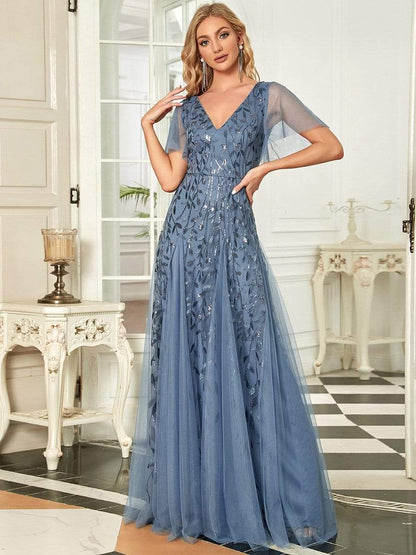 Shimmery V Neck Ruffle Sleeves Sequin Maxi Long Evening Dress/Prom Dresses