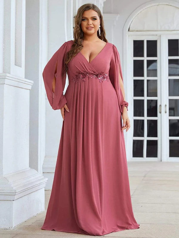 Stylish Plus Size Chiffon Formal Evening Dresses with Long Lantern Sleeves