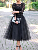 A-Line Cocktail Black Dress Plus Size Vintage Dress Halloween Ankle Length 3/4 Length Sleeve Jewel Neck Fall Wedding Guest Tulle with Pleats Lace Insert