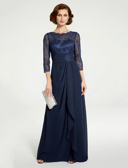 A-Line Mother of the Bride Dress Jewel Neck Floor Length Chiffon Lace 3/4 Length Sleeve with Lace Ruching