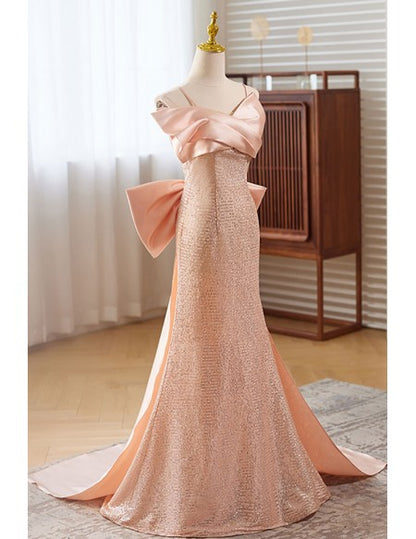 Gorgeous Mermaid Pink Long Prom Dress with Big Bow In Back