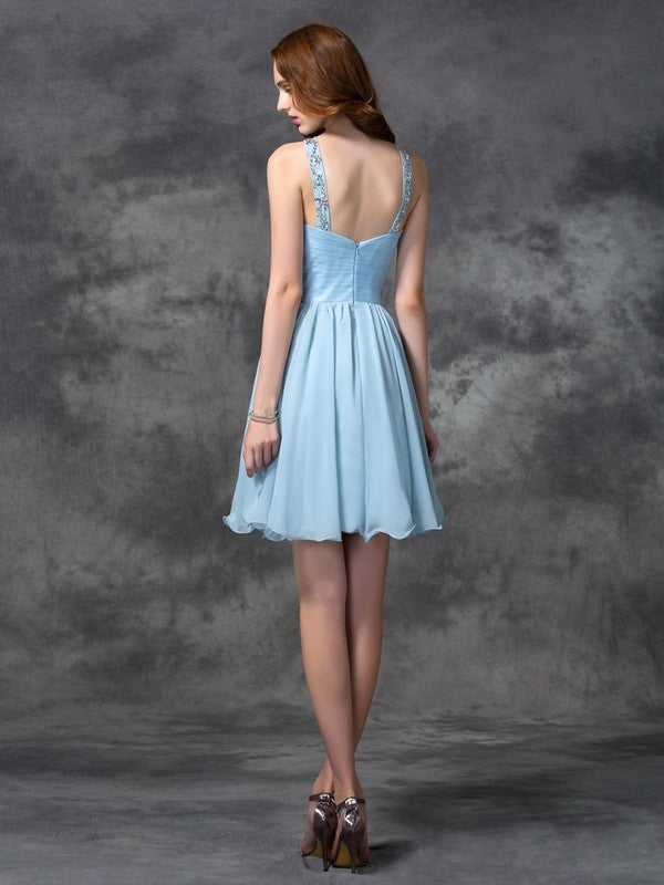 A-line/Princess Scoop Beading Sleeveless Short Chiffon Cocktail Dresses