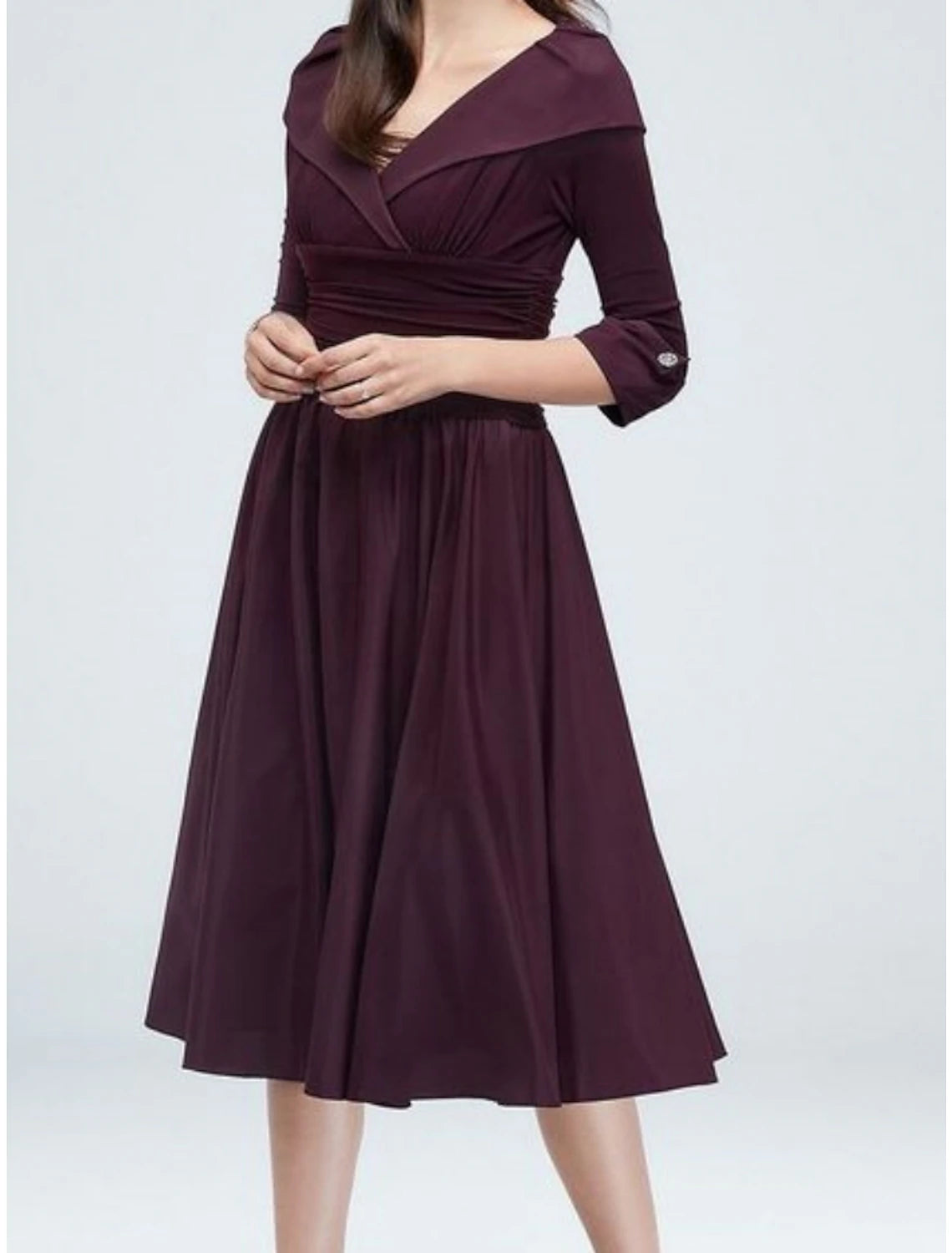 A-Line Mother of the Bride Dress Wedding Guest Elegant Petite Shirt Collar Knee Length Satin 3/4 Length Sleeve with Ruching Solid Color