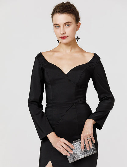 Sheath / Column Classic & Timeless Dress Holiday Cocktail Party Sweep / Brush Train Long Sleeve V Neck Stretch Satin with Split Front