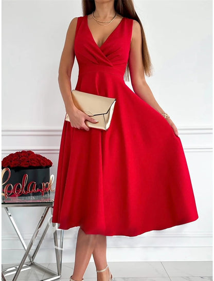 Women's Party Dress New Year's Eve Dress Homecoming Dress Cocktail Dress Midi Dress Light Pink Black Red Sleeveless Ruched Summer Spring V Neck Birthday