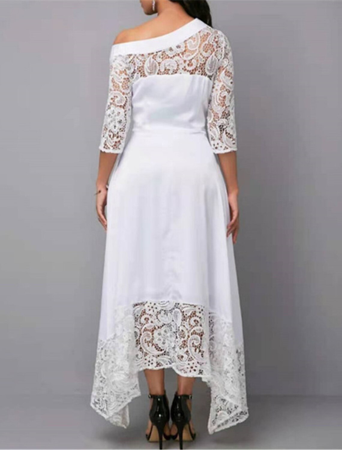 Women's Party Dress Wedding Guest Dress Lace Dress White Dress Long Dress Maxi Dress White 3/4 Length Sleeve Pure Color Lace Winter Fall Cold Shoulder Elegant Spring Dress