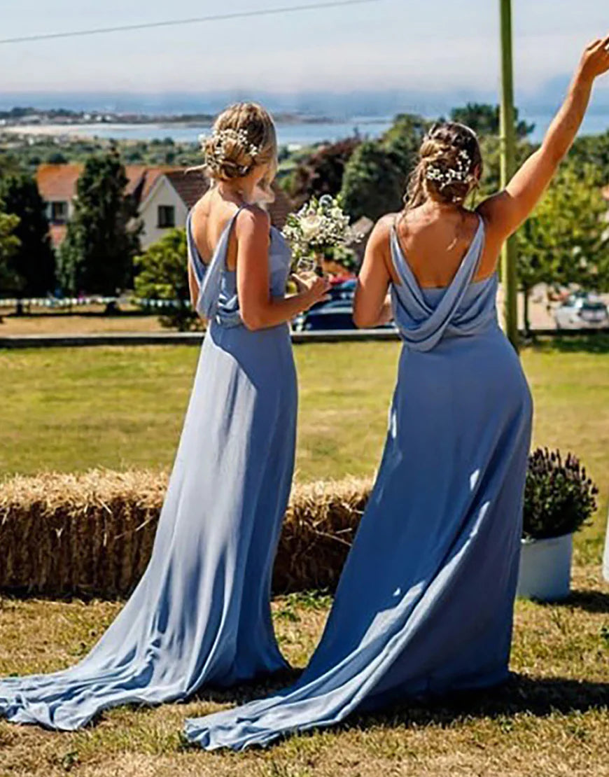 Sky Blue Spaghetti Straps Court Train Boho Bridesmaid Dress