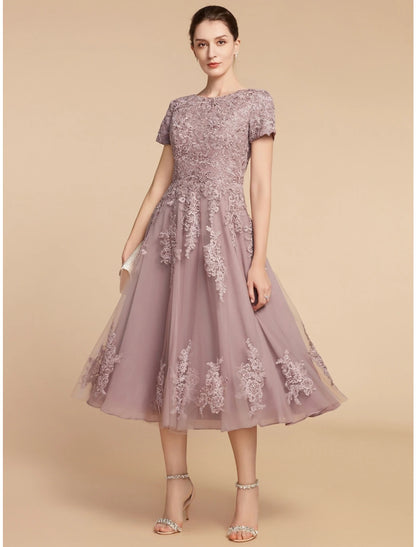 A-Line Mother of the Bride Dress Wedding Guest Elegant Petite Jewel Neck Tea Length Lace Tulle Short Sleeve with Ruching Flower