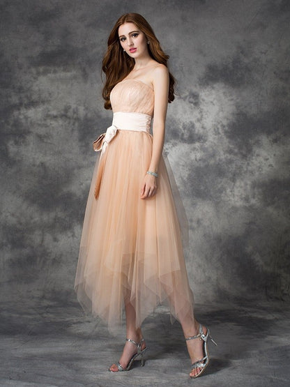 A-line/Princess Strapless Bowknot Sleeveless Long Elastic Woven Satin Dresses