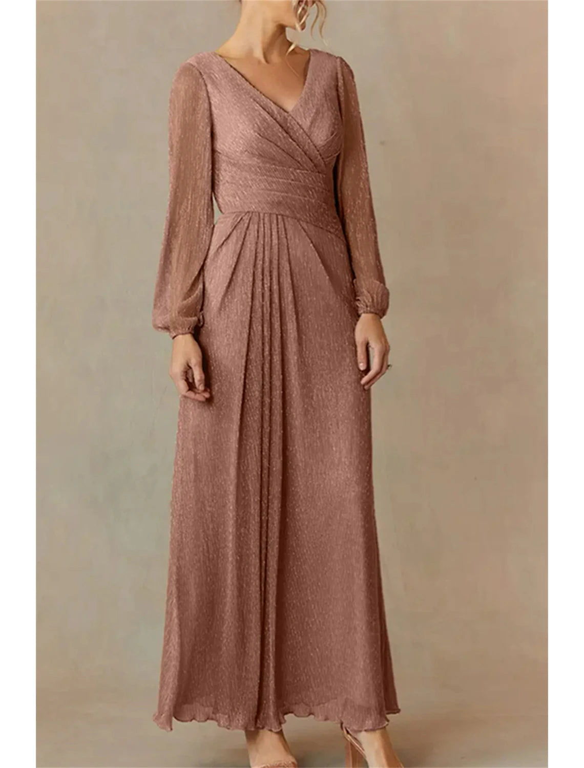 A-Line Mother of the Bride Dress Wedding Guest Simple Sparkle & Shine Elegant V Neck Ankle Length Polyester Long Sleeve with Side Draping Solid Color