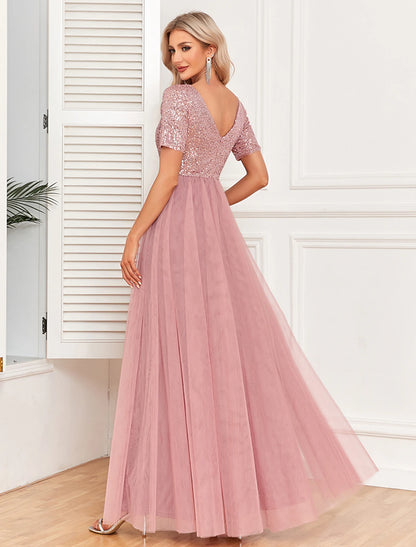 Women's Sequin Dress Party Dress Cocktail Dress Long Dress Maxi Dress Pink Short Sleeve Pure Color Zipper Summer Spring Fall V Neck Formal Evening Party