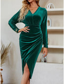 Women's Party Dress Velvet Dress Cocktail Dress Midi Dress Black Wine Dark Green Long Sleeve Pure Color Ruched Fall Winter Autumn V Neck Fashion Winter Dress Wedding Guest Birthday