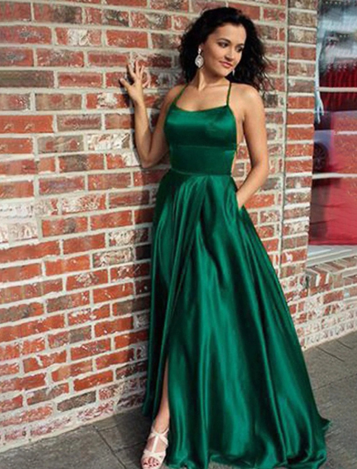 Women‘s Prom Party Dress Homecoming Dress Satin Maxi long Dress Green Red Sleeveless Pure Color Split Spring Summer Spaghetti Strap Party Stylish Elegant Party