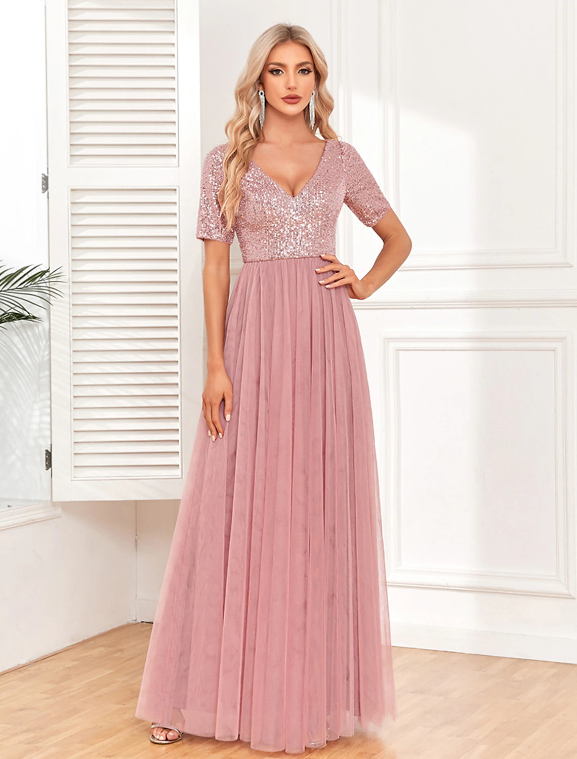 Women's Sequin Dress Party Dress Cocktail Dress Long Dress Maxi Dress Pink Short Sleeve Pure Color Zipper Summer Spring Fall V Neck Formal Evening Party