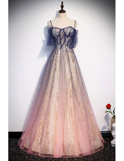 Ombre Tulle Long Prom Dress with Bling Sequins