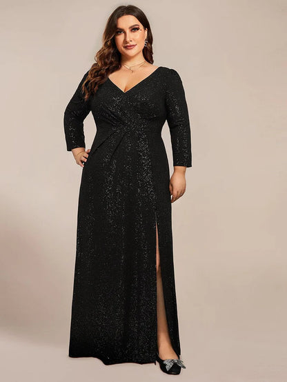 Plus Size Sparkling Long Sleeves Double V-Neck Sequin Evening Dress