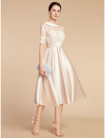 A-Line Mother of the Bride Dress Wedding Guest Elegant Petite Scoop Neck Knee Length Satin Lace Half Sleeve with Appliques Ruching Solid