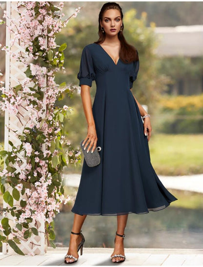 A-Line Mother of the Bride Dress Wedding Guest Plus Size Elegant Jewel Neck Tea Length Chiffon Short Sleeve with Pleats Solid Color Fall