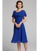 A-Line Mother of the Bride Dress Cowl Neck Knee Length Chiffon Short Sleeve with Ruffles