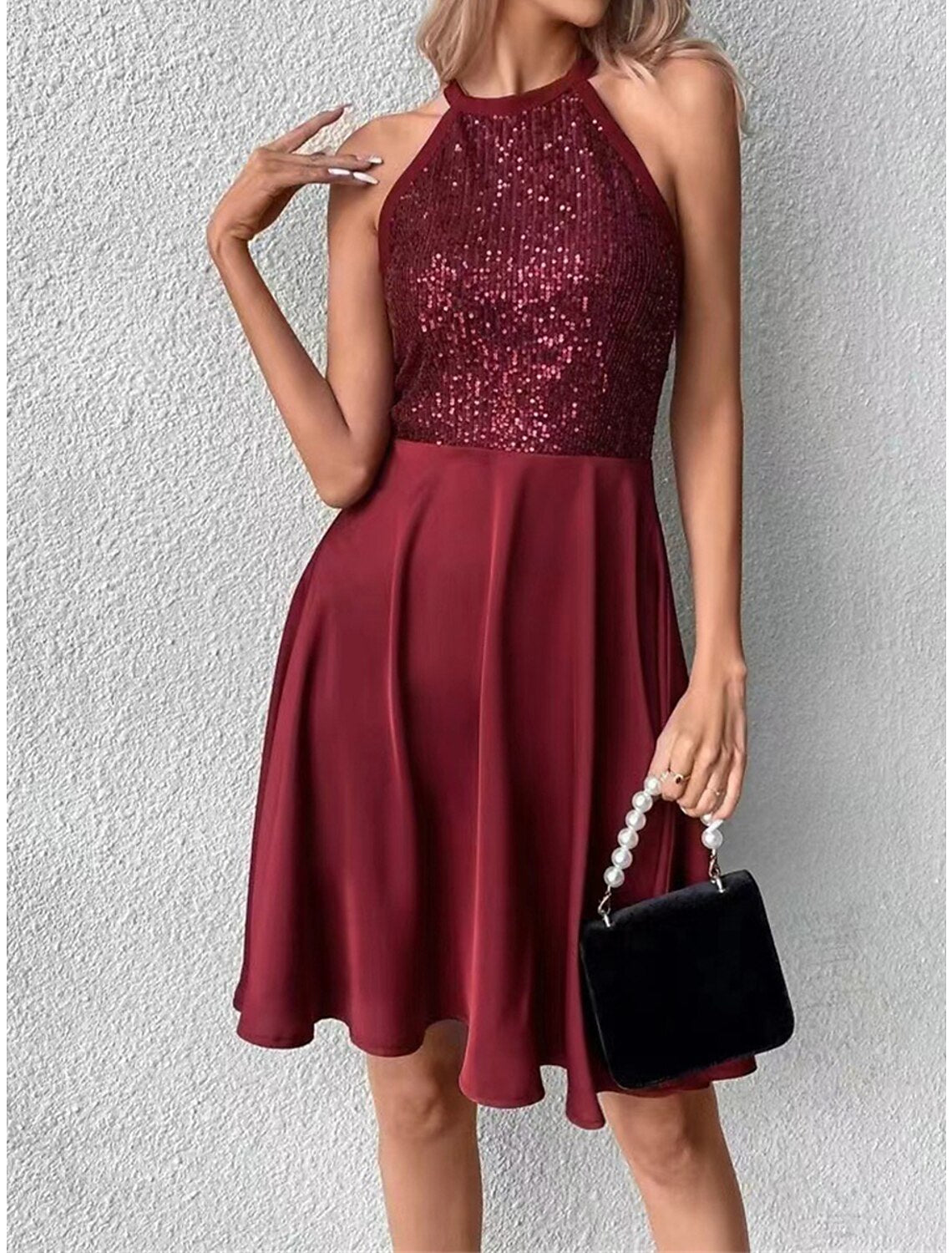 Women's Black Dress Sequin Dress Party Dress Mini Dress Black Wine Sleeveless Plain Sequins Summer Spring Fall Halter Neck Party Wedding Guest Birthday Vacation