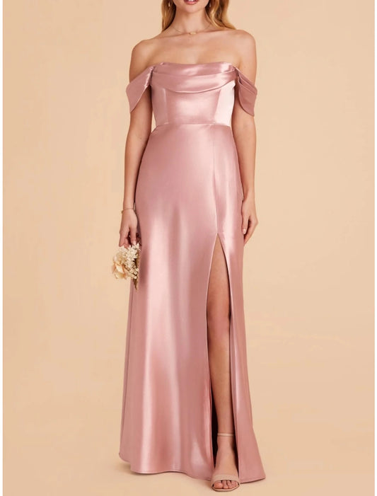 A-Line Bridesmaid Dress Spaghetti Strap Sleeveless Pink Ankle Length Stretch Satin with Split Front / Ruching