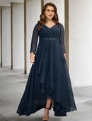 A-Line Mother of the Bride Dresses Plus Size Hide Belly Curve Elegant Dress Formal Asymmetrical Long Sleeve V Neck Chiffon with Pleats Crystals