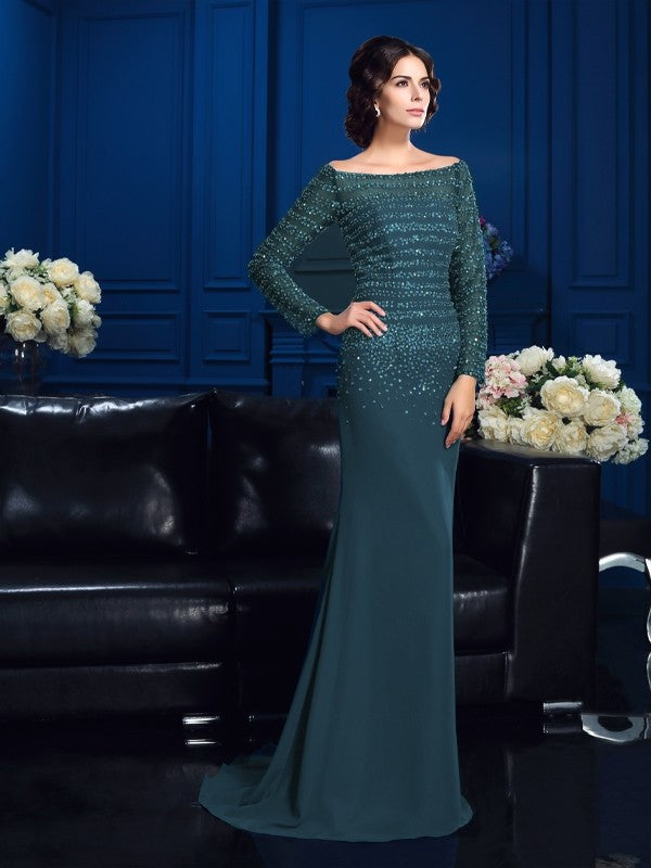 Sheath/Column Off-the-Shoulder Beading Long Sleeves Long Chiffon Mother of the Bride Dresses