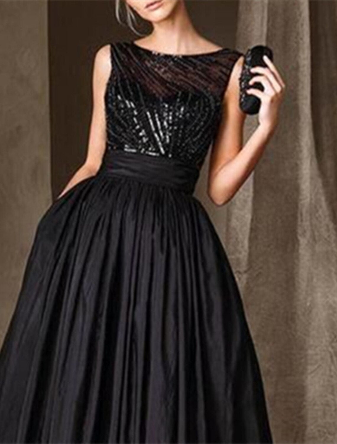 A-Line Mother of the Bride Dress Wedding Guest Elegant Sparkle & Shine Jewel Neck Floor Length Taffeta Sequined Sleeveless with Pleats