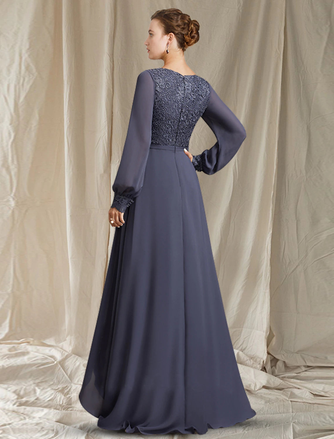 A-Line Mother of the Bride Dress Elegant High Low V Neck Sweep / Brush Train Asymmetrical Tea Length Chiffon Lace Long Sleeve with Pleats Appliques