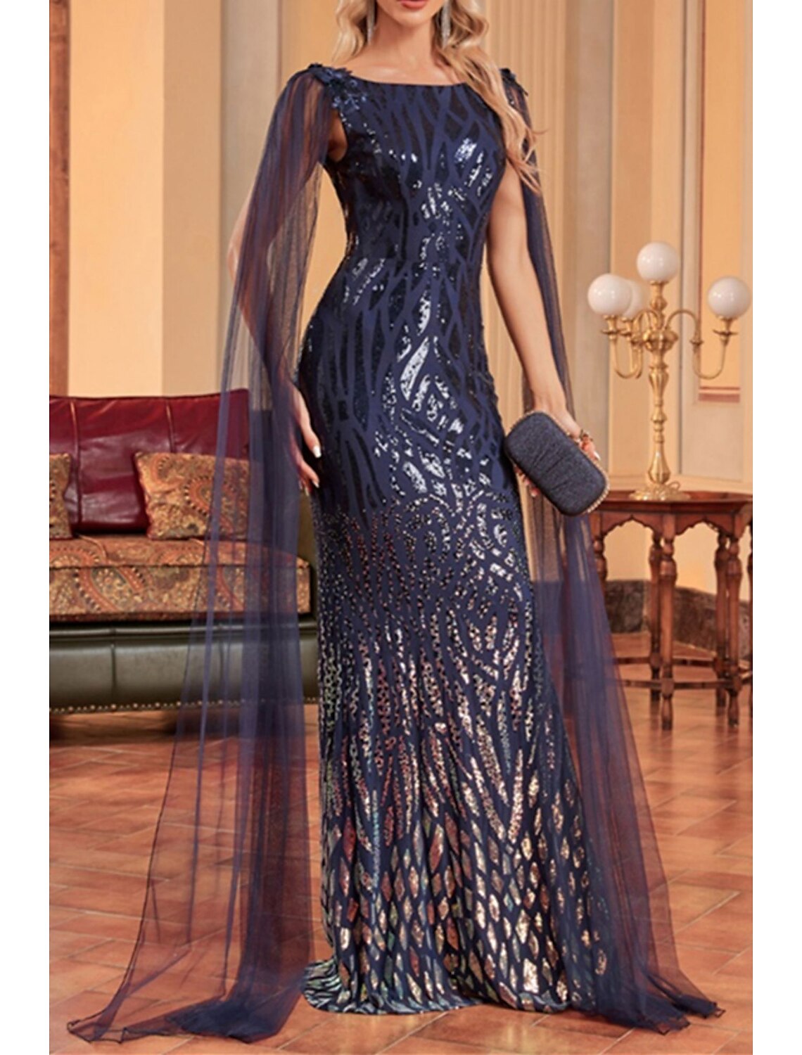 Mermaid / Trumpet Mother of the Bride Dress Wedding Guest Party Sparkle & Shine Bateau Neck Floor Length Tulle Sequined Sleeveless with Sequin Draping