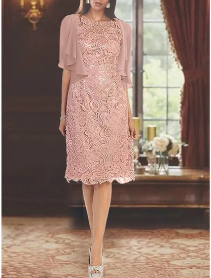 Two Piece Sheath / Column Mother of the Bride Dress Formal Wedding Guest Party Elegant Jewel Neck Knee Length Satin Lace Short Sleeve with Appliques Solid Color