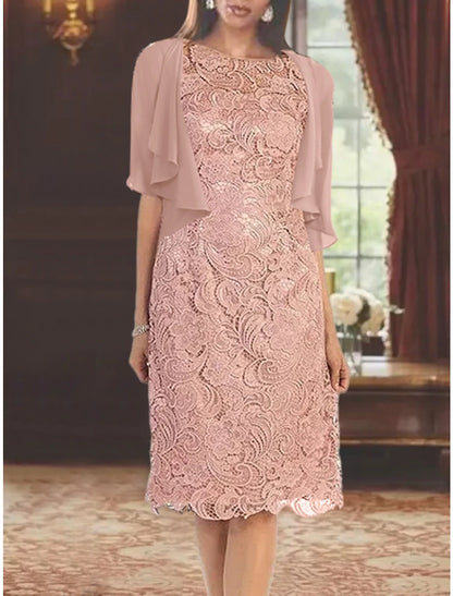 Two Piece Sheath / Column Mother of the Bride Dress Formal Wedding Guest Party Elegant Jewel Neck Knee Length Satin Lace Short Sleeve with Appliques Solid Color